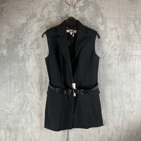 DKNY Sleeveless Blazer Vest Belted Black Size 4 Career Party - Picture 1 of 10